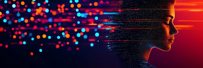 A digital silhouette of a human face blends with vibrant, colorful light dots and lines, symbolizing artificial intelligence and technology.