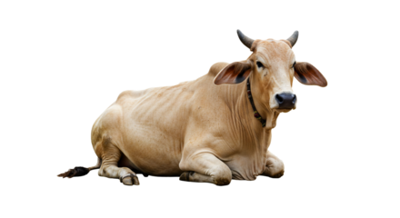 A serene light brown cow rests peacefully against a black backdrop, its relaxed posture and calm gaze conveying a sense of tranquility and natural beauty in this isolated, transparent png image.