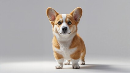 Photorealistic image of a corgi pup standing on white background