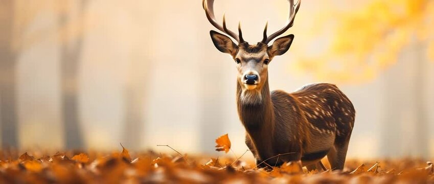 A majestic deer stands gracefully in a serene autumn landscape filled with fallen leaves.