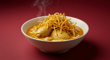 Golden Thai Curry Dish with Chicken and Crunchy Noodles Served in a White Bowl on a Burgundy Background