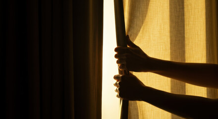 Hands opening curtains sunlight