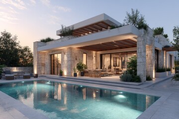 Fototapeta premium Modern Villa with Stone Exterior and Swimming Pool at Twilight, Luxury Home Design with Outdoor Living Space and Architectural Lighting