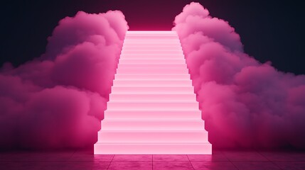 Glowing pink staircase ascends into clouds, creating a surreal and dreamy atmosphere with vibrant lighting.