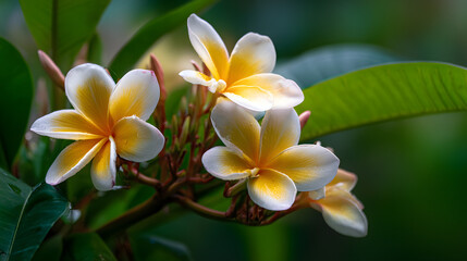 White frangipani flowers with yellow and red highlights, dark blue background, vibrant colors