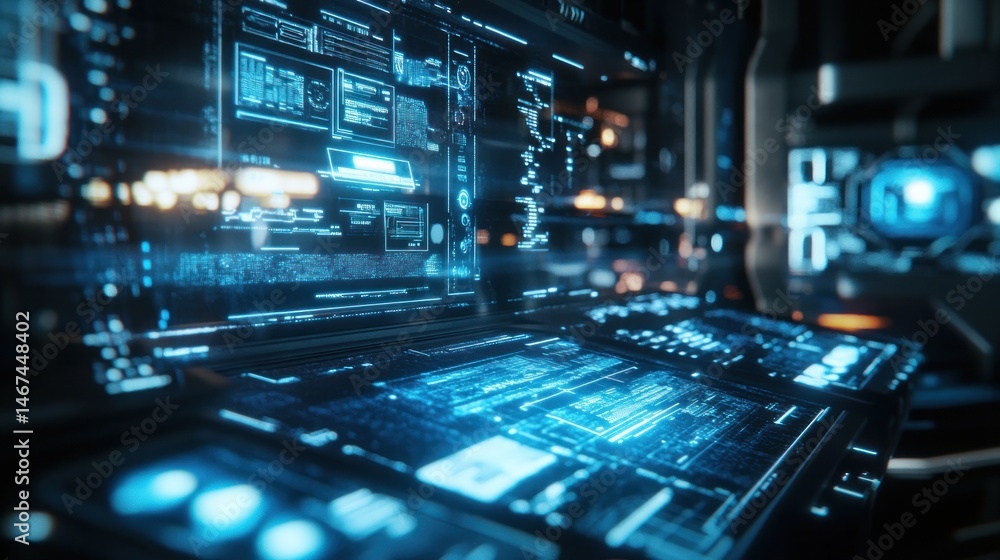 Poster futuristic digital interface with glowing data displays and screens