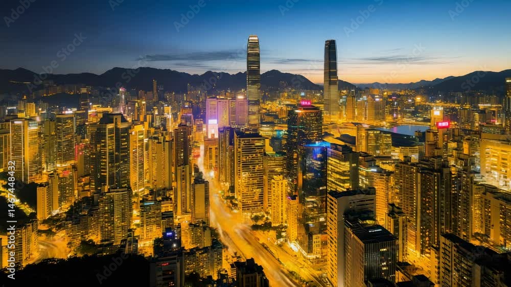 Poster illuminated skyscrapers of hong kong rising majestically at twilight, with flowing traffic and dista