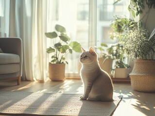 A charming cat sitting on a rug in a stylish living room, surrounded by tasteful furniture and soft lighting.