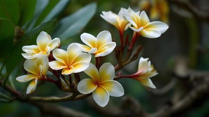 Naklejka premium White frangipani flowers with yellow and red highlights, dark blue background, vibrant colors