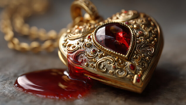 Ornate gold heart pendant with a ruby gemstone, mysteriously leaking a crimson liquid.