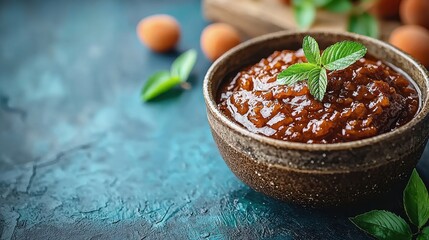Apricot Delight, A Close-Up of Homemade Jam with Fresh Mint Garnish