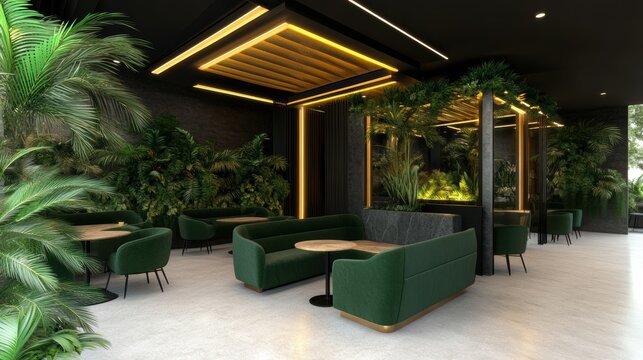 A stylish interior featuring lush greenery, modern furniture, and warm lighting creates a serene ambiance, perfect for cafes, restaurants, or lounges aiming for a contemporary and inviting atmosphere