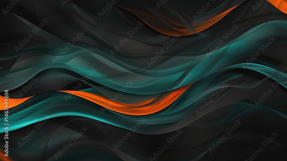 Aufkleber 3d layered abstract waves in turquoise and orange on a dark background. background image of abstract