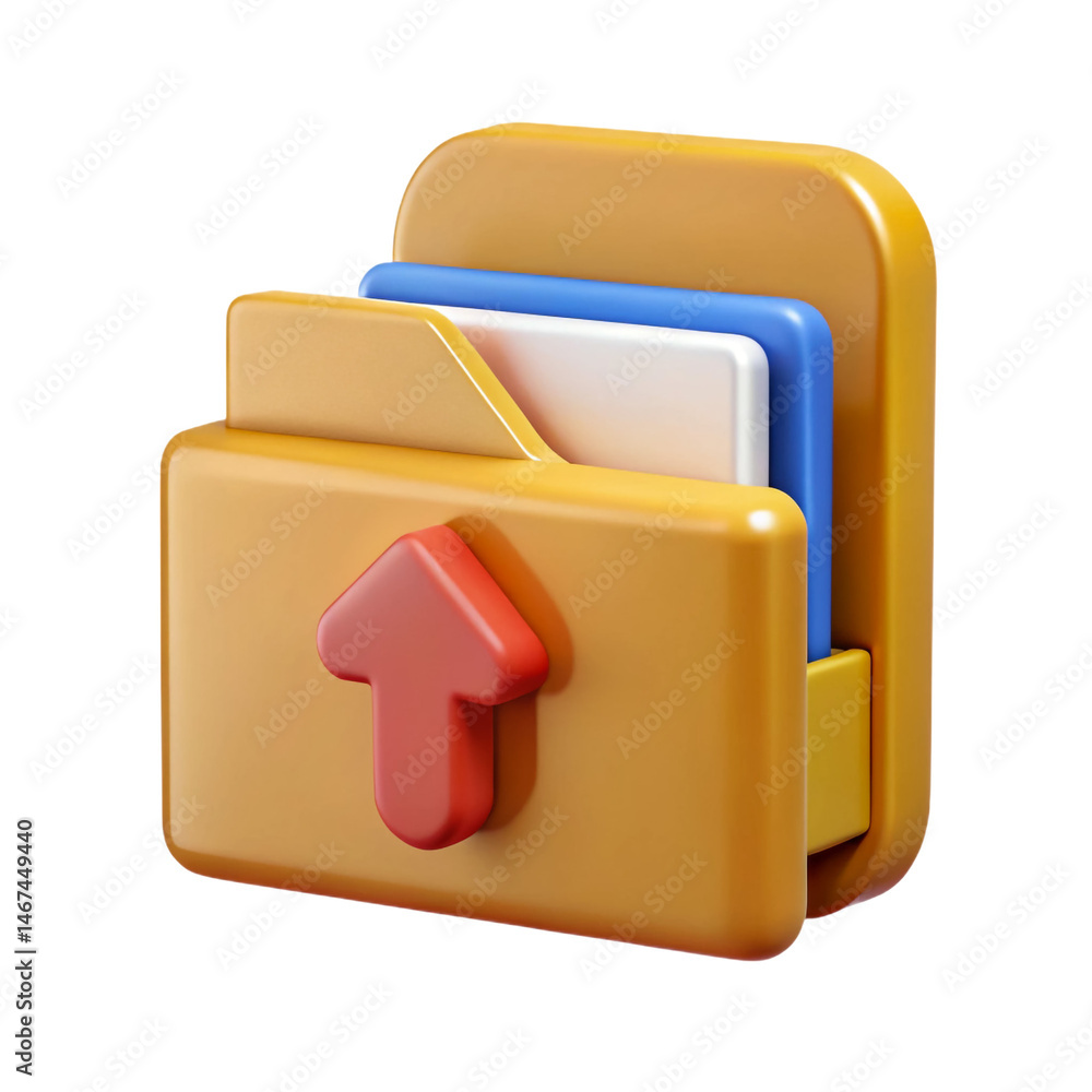 Poster upload files folder icon 3d rendering vibrant orange blue white papers red upload arrow on transpare