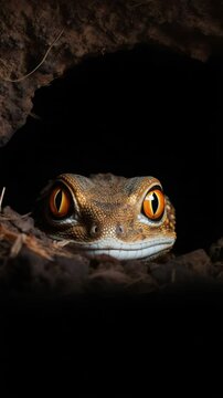 A curious frog peeking out from a dark burrow, showcasing its vibrant eyes and textures.