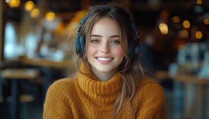Smiling woman wearing headphones in cafe
