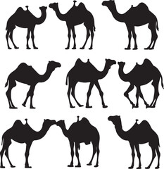 Black Camel Silhouettes: Vector Illustrations of Desert Animals in Various Poses and Styles