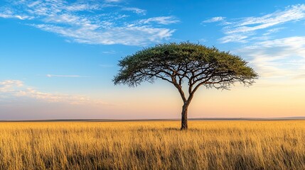Obraz premium Solitary acacia tree in a vast golden savanna at dawn