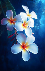 Fototapeta premium White frangipani flowers with yellow and red highlights, dark blue background, vibrant colors