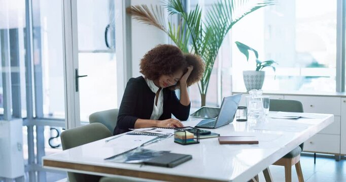 Stress, laptop and businesswoman in office with mistake, fail or decline on publishing report. Frustrated, fatigue and African magazine editor with documents and tech for project with career burnout.