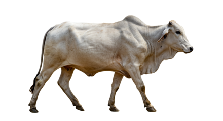 A majestic light-colored zebu cow gracefully strides to the left, its muscular form highlighted against a clean, transparent backdrop, creating an adaptable image for diverse design needs.