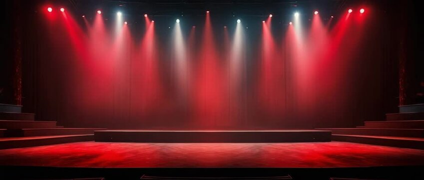 A dramatic stage with vibrant red and blue lights, perfect for theatrical performances.