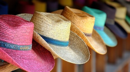 Assortment of Stylish Straw Hats Displayed on a Market Stand