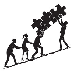 Business Teamwork concept. Contemporary flat style abstract vector illustration of a company of diverse people putting together 
a huge puzzle details.