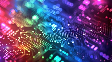 Abstract of chip on complex circuit with digital technology style design and neon electric light graphic show dynamic movement represent about processor algorithm process on high tech device. AIG51.