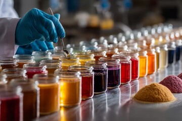 Colorful Liquid Pigment Samples in Jars with Gloved Lab Technician, Dye Making and Testing, Food Colorant Preparation