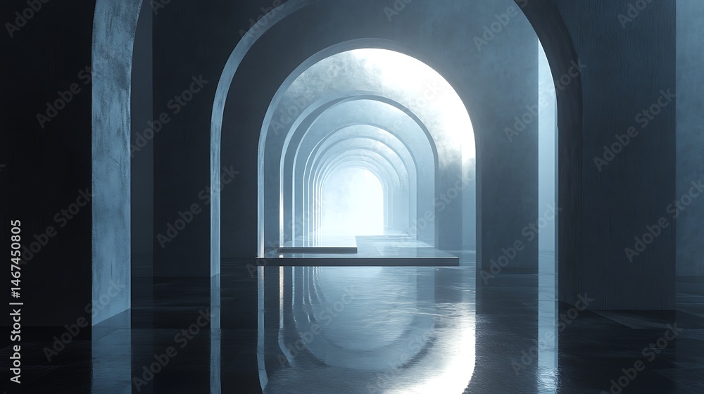 Poster ethereal architectural tunnel with reflective pool and light at the end