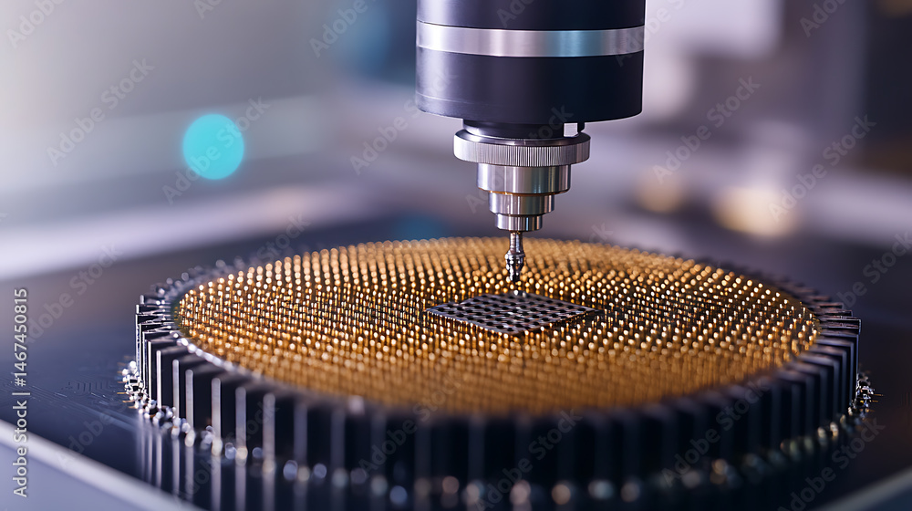 Poster precision probe testing: automated test equipment meticulously probes a round bed of pins. dark supp