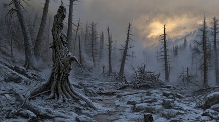 A snow-covered, dead forest path with a gnarled tree stump, mountains, and a hazy sunset