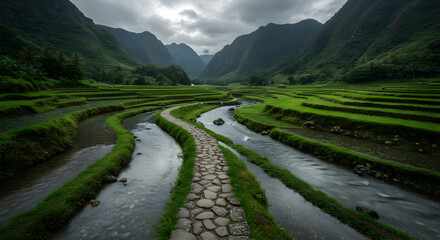 Scenic Rice Terraces and Stone Path in Lush Green Valley