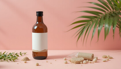 Brown Bottle with White Label and Natural Elements