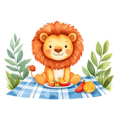 Cute lion sitting on a picnic blanket, eating fruit, wearing summer clothes, watercolor boho © ANN