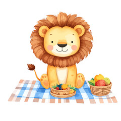 Cute lion sitting on a picnic blanket, eating fruit, wearing summer clothes, watercolor boho 