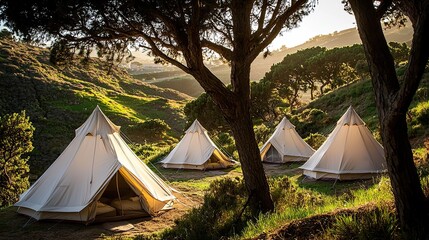 Serene glamping site nestled in a sun-drenched hillside.  Four canvas tents stand amidst lush greenery under tall trees