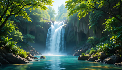 Waterfall in Lush Forest
