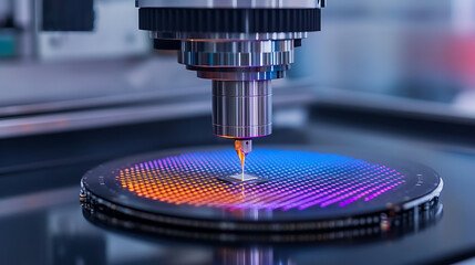 Silicon wafer being processed by precision machine, showing intricate microchip design and advanced manufacturing. Cutting-edge technology in action.