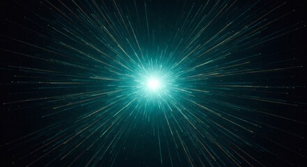 AI image of a bright, energetic teal light explosion with radiating streaks and particles against a dark, sparkling cosmic background