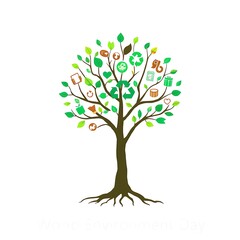 Fototapeta premium Minimalist illustration of a tree with digital leaves made of recycled icons, symbolizing World Environment Day, clean design on white background
