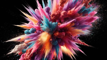 Explosion Of Colorful Particles Powder 3D Animation On White Background. Bright Multicolor Burst Paint In Slow Motion. Abstract Iridescent Shockwave. Blowup Art Visual Colored Mix Effect Close-Up	
