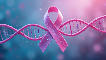 Breast cancer awareness symbol entwined with DNA helix highlights health impact and research importance in the community