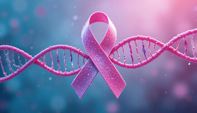 Breast cancer awareness symbol entwined with DNA helix highlights health impact and research importance in the community