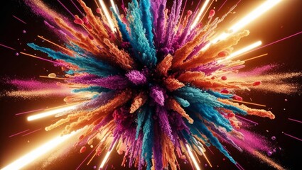 Explosion Of Colorful Particles Powder 3D Animation On White Background. Bright Multicolor Burst Paint In Slow Motion. Abstract Iridescent Shockwave. Blowup Art Visual Colored Mix Effect Close-Up	

