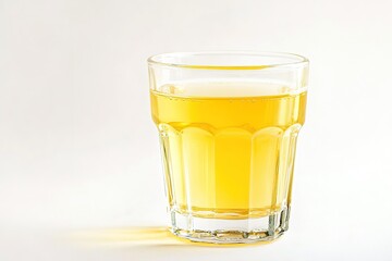 A glass of fresh lemon-rose water, with a pale yellow hue, isolated against a clean white backdrop