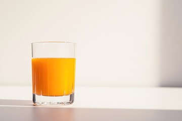 A glass of fresh papaya juice, its bright orange color standing out against a clean white background