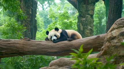 Giant Panda Napping on Tree Trunk in Lush Green Forest