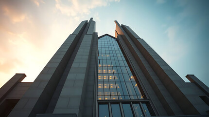 Fototapeta premium A massive brutalist cathedral built of concrete and glass, casting long shadows in the sunset, blending religious solemnity with futuristic geometry. created by generative ai